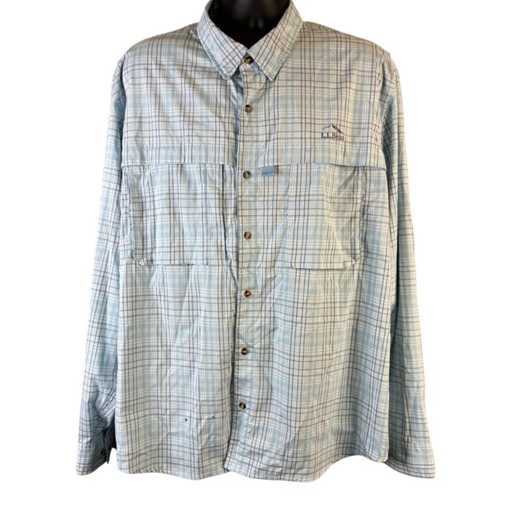 LL Bean Men's XXL Blue Plaid Long‎ Sleeve Vented Fishing Hiking Shirt